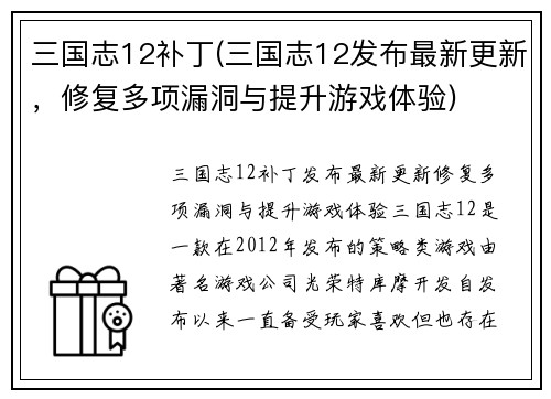 三国志12补丁(三国志12发布最新更新，修复多项漏洞与提升游戏体验)